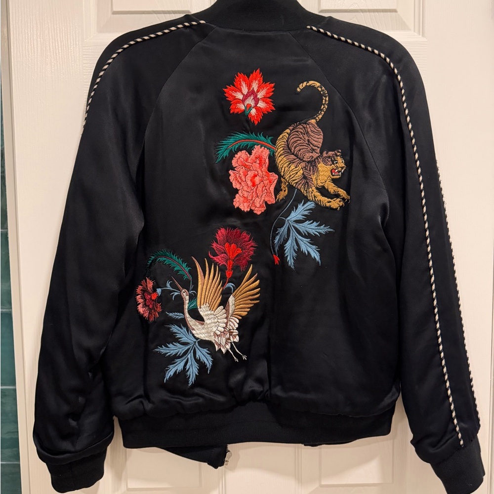 Sandro Black Satin Bomber Jacket with Floral & Tiger Motif